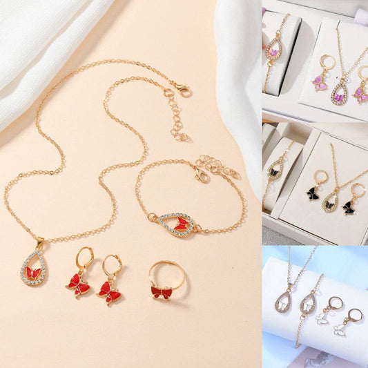 4PCS Set Luxury Women Butterfly Necklace Bracelet Earrings Drop Oil Diamond Jewelry For Girl Gift Jewelry Fashion Jewelry Set - Velora