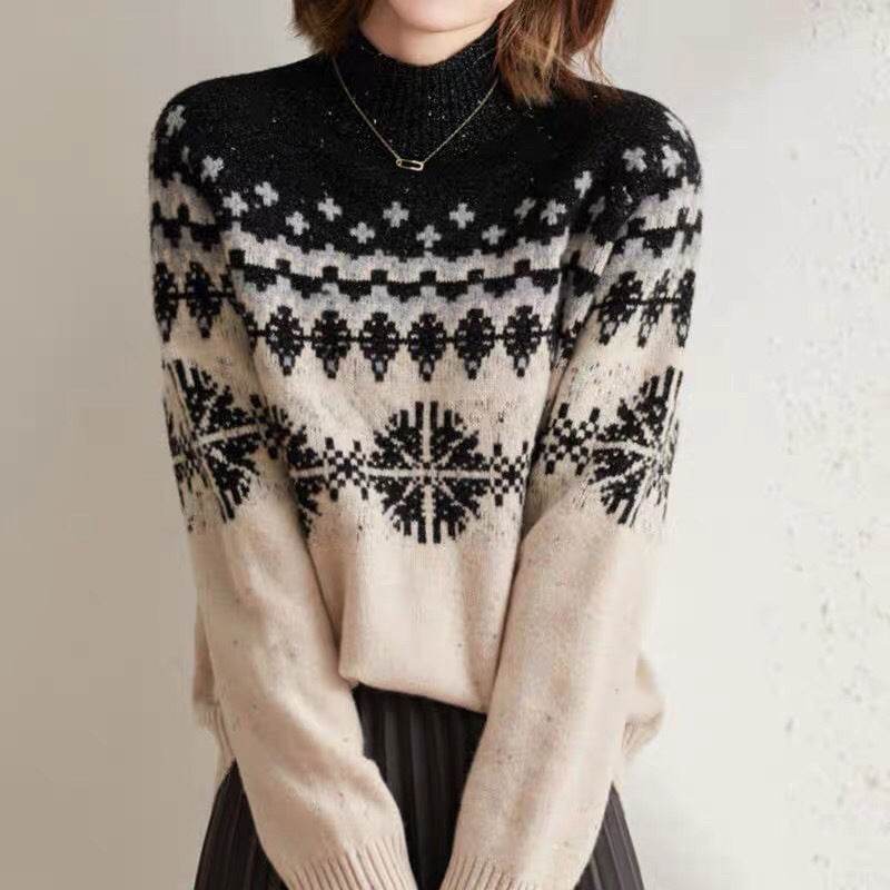 Autumn And Winter Spring New Half Turtleneck Knitted Snowflake Retro Loose Sweater - Velora