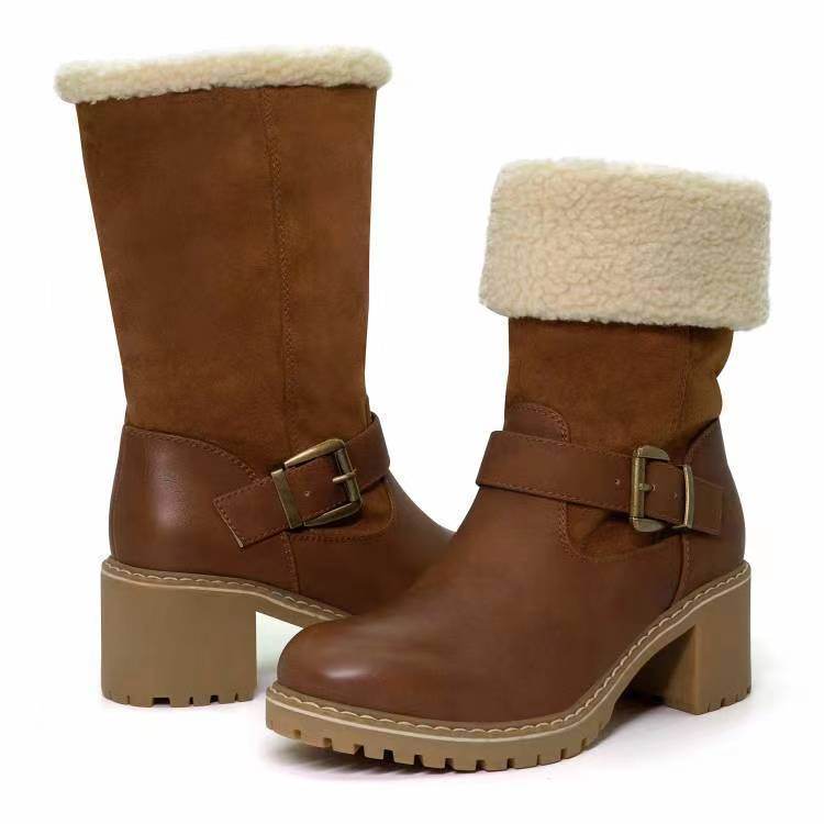 Fashion Boots With Buckle Chunky Heel Shoes Warm Winter Round Toe Western Boots For Women - Velora
