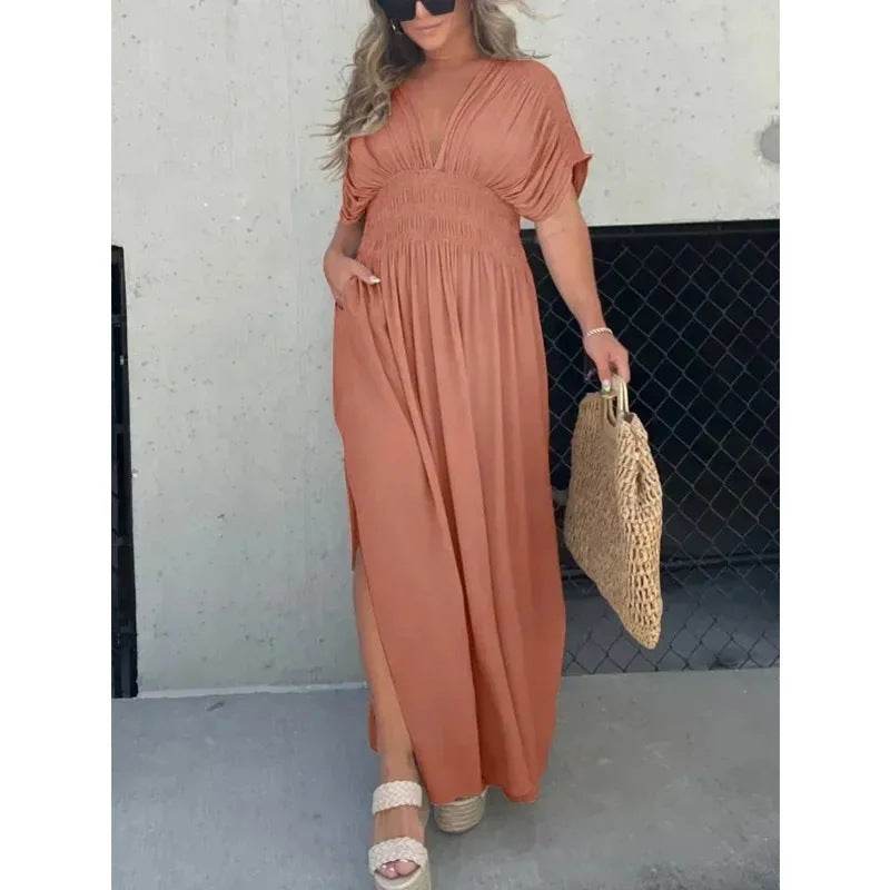 Fashion Bat-sleeved V-neck Slit Dress Summer Short Sleeve Elastic Waist Long Dresses Womens Clothing - Velora