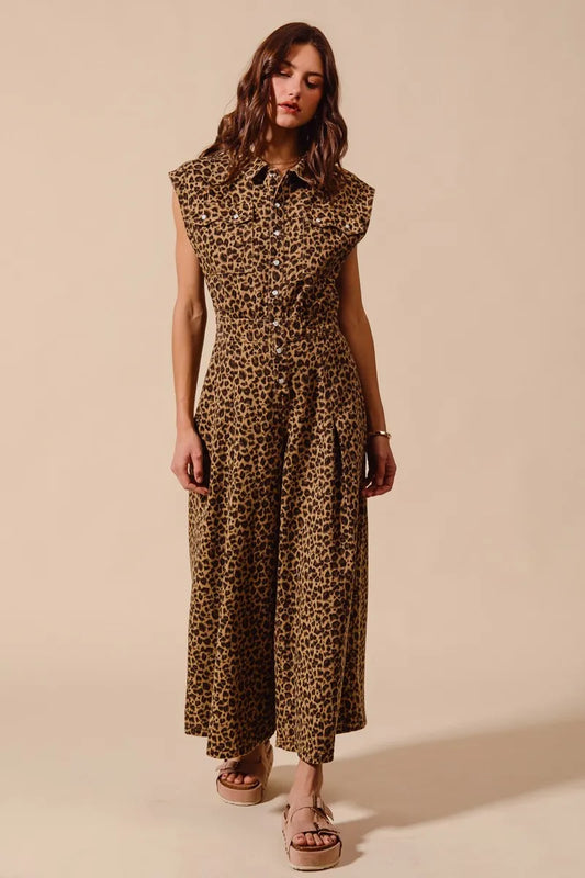 SO ME Wide Leg Leopard Twill Overalls Jumpsuit with Tuck - Velora