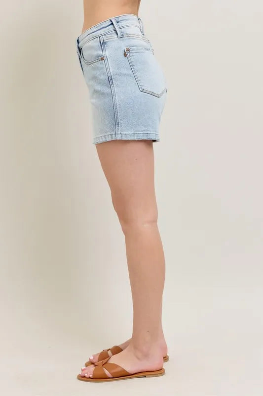 Judy Blue Full Size Frayed Hem High Rise Denim Shorts with Pockets Plus Size - Velora
