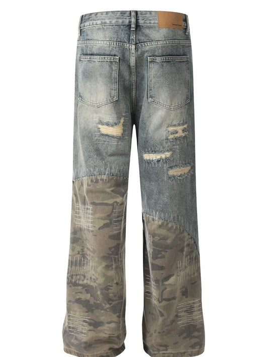 Men's Distressed Camouflage Patchwork Jeans - Velora