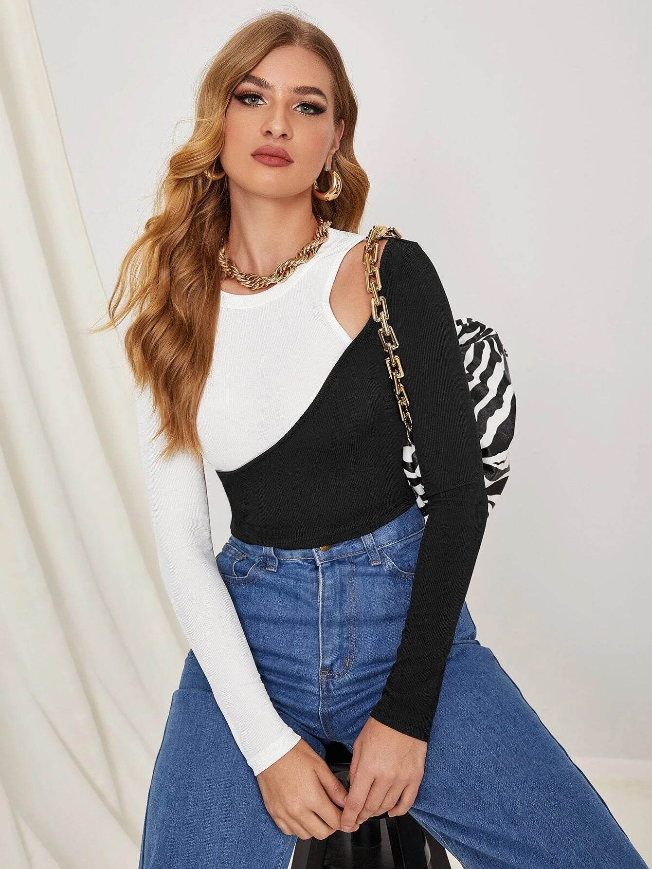 New Sexy Hit Color Strapless T-Shirt Stitching Slim Top Women Bottoming Long-Sleeved T-Shirt - Velora