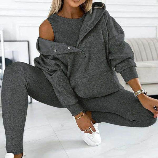 3pcs Women's Sports Suit Loose Hooded Pockets Sweatshirt And Vest And Slim Trousers - Velora