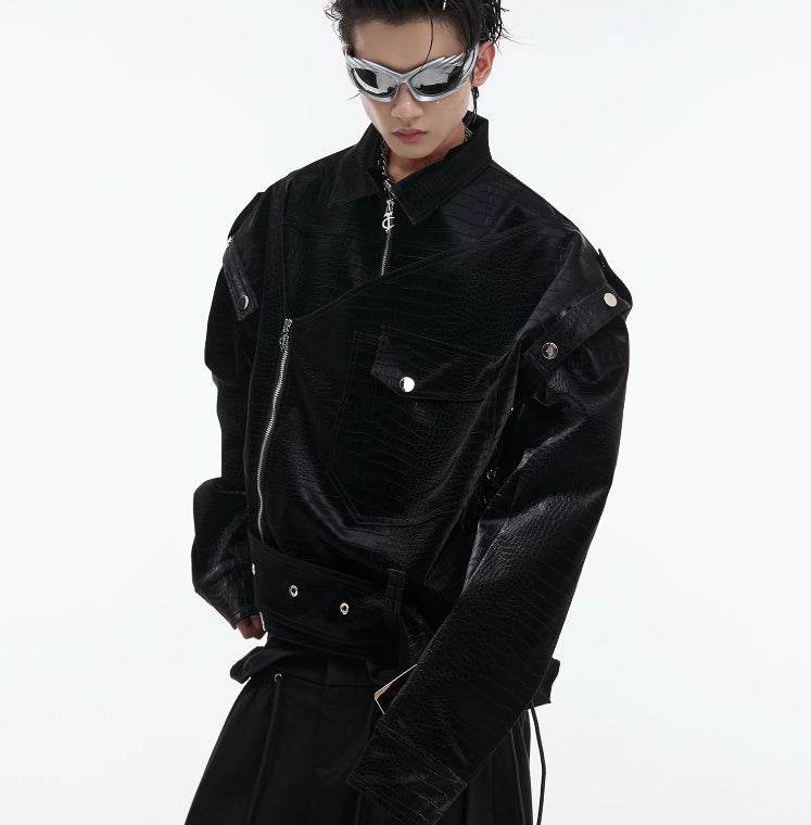Padded Shoulder PU Leather Coat Deconstruction Design Sense - Velora