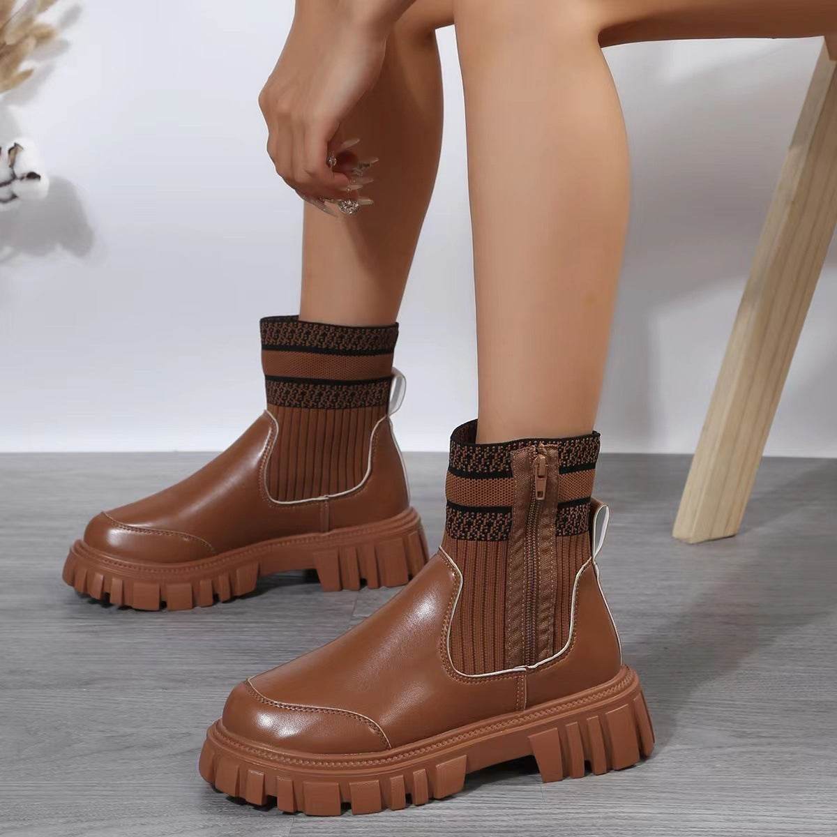 Fashion Mid-tube Boots With Zipper Design Non-slip Thick Sole Elastic Knitted Patchwork Boots For Women Round Toe Shoes Winter - Velora