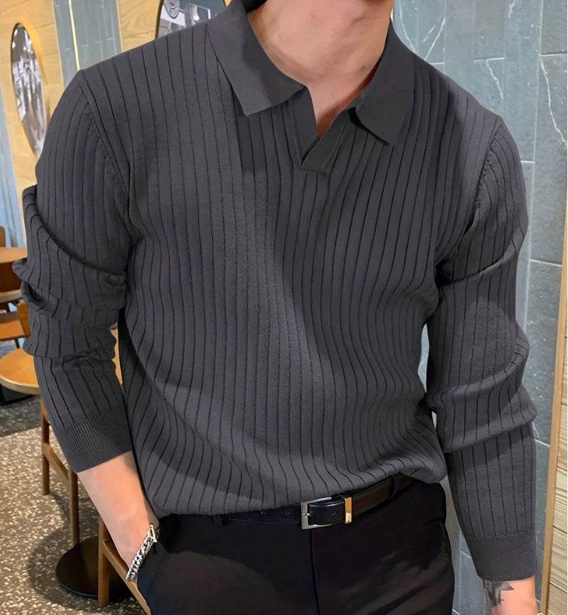 Lapel Texture Stretch Slim Knit Polo Shirt Men Polo Shirt Fashion Waffle Long-sleeved Tops Clothing Casual Comfortable Golf Men's Clothing - Velora