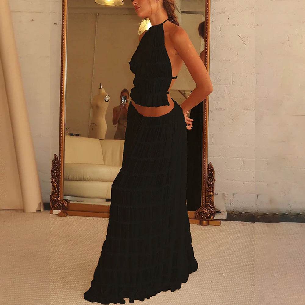2pcs Women's Dress Suit Sexy Sleeveless Backless Cropped Halter Top And Pleated Long Dress - Velora