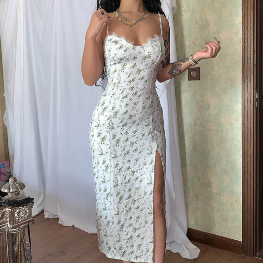 Lace Flowers Print Long Dress Sexy Fashion Slit Suspender Dress Summer Womens Clothing - Velora