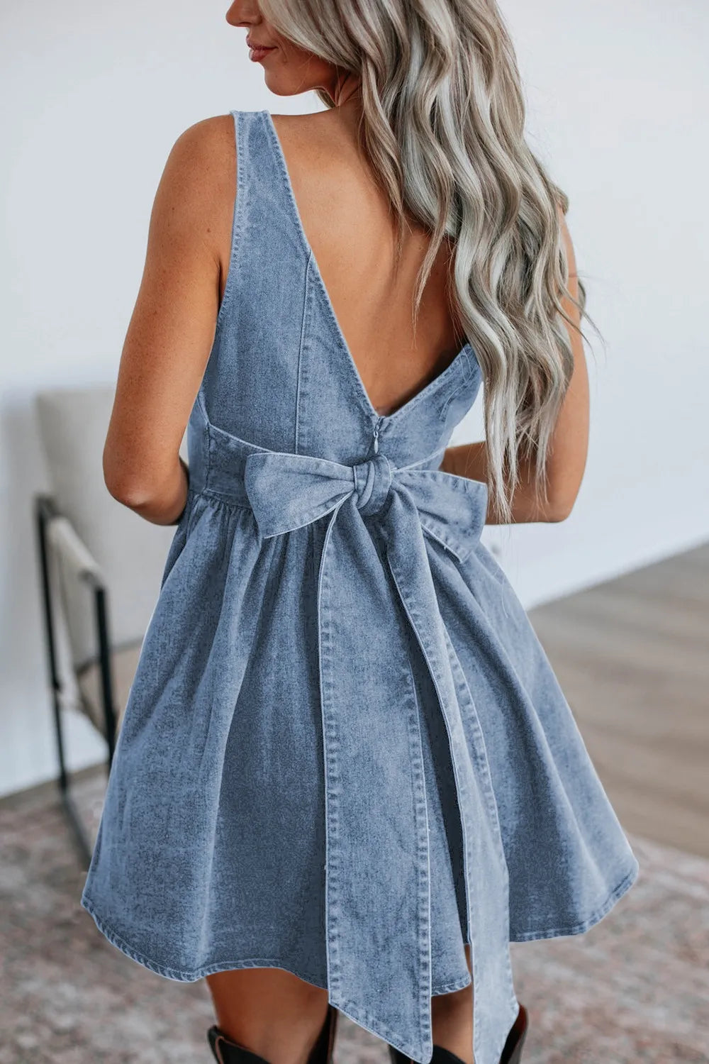 V-Back Bow Tie Denim Skater Dress - Velora