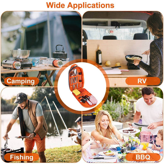 19Pcs Camping Cooking Utensil Kit Portable Picnic Cookware Outdoor Kitchen Equipment Gear Campfire Barbecue Appliances With Storage Bag - Velora