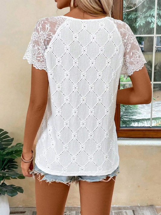 Lace Trim Eyelet Embroidered V-Neck T-shirt - Velora