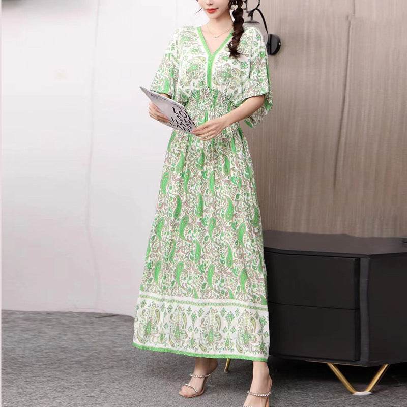 Cotton Silk Floral Dress Women's Summer Ethnic Style V-neck Short Sleeve Pastoral Style Skirt - Velora