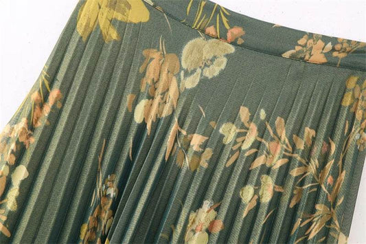 2pcs Floral Satin Skirt suit Long sleeve button shirt and Pleated Midi Skirt Outfit set - Velora