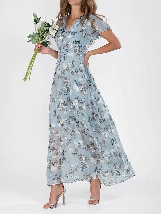 Flowers Print Short Sleeve Dress Summer Fashion Ruffle Beach Dresses Women's Clothing - Velora