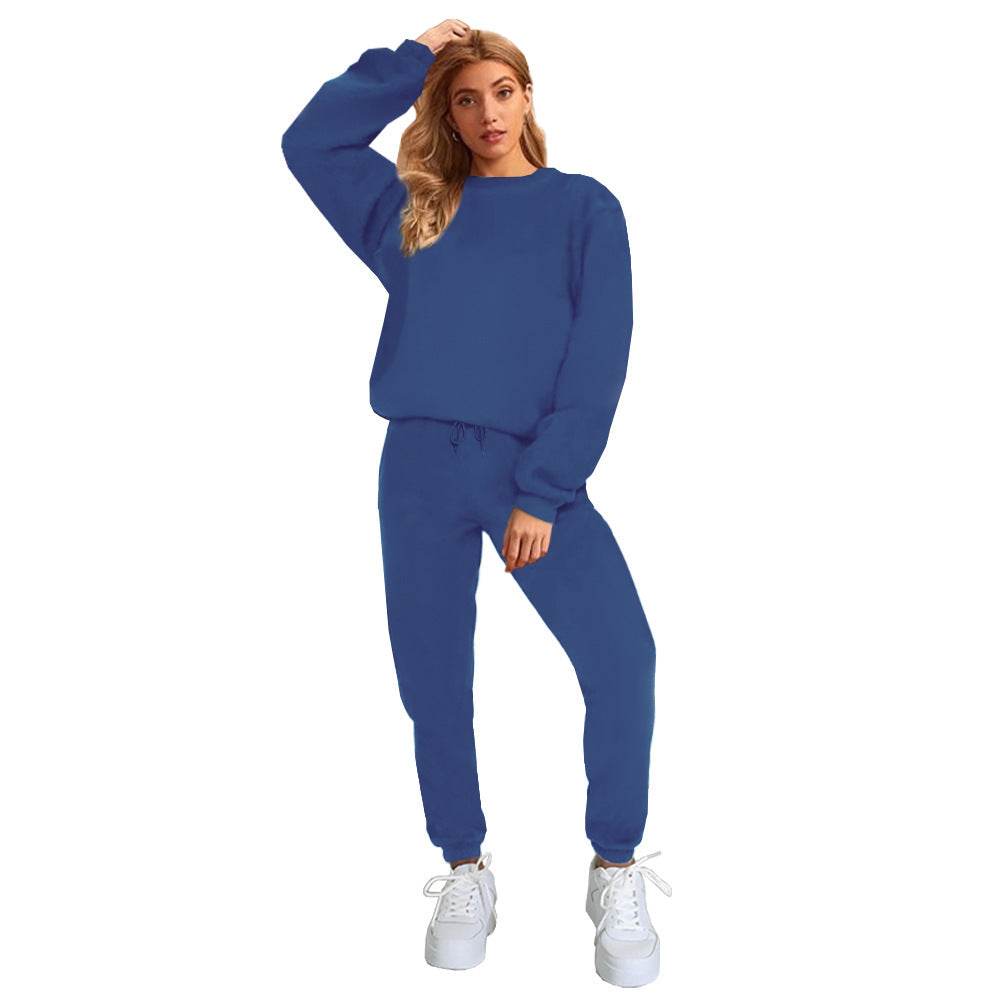 Women's Solid Color Round Neck Pullover Sweatshirt Pants - Velora