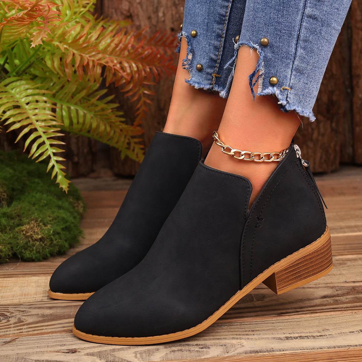 Chunky Heel Pointed Toe Ankle Boots With V-cut Design Fashion Fall Winter Short Boots For Women Shoes - Velora