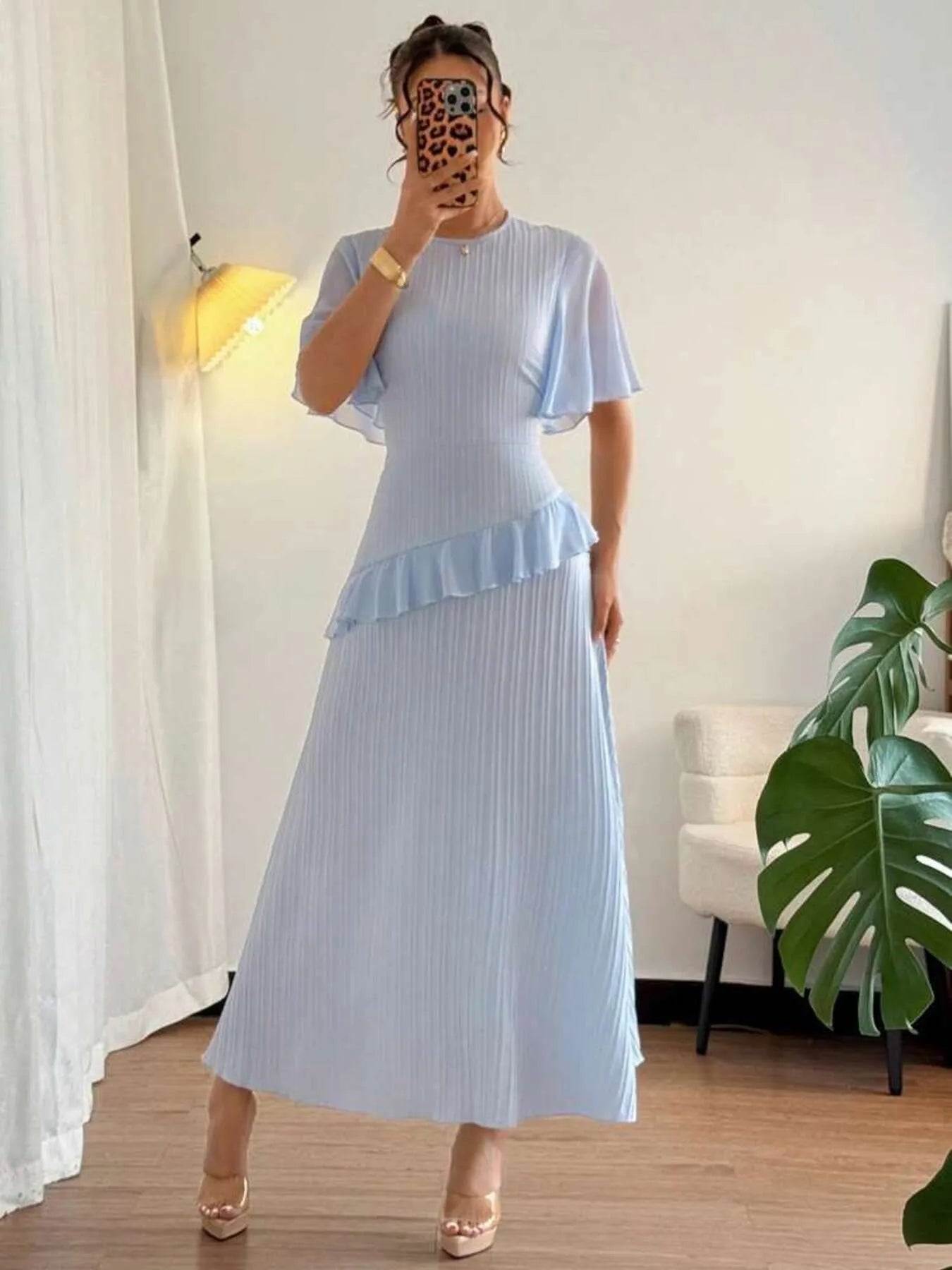 Ruffled Round Neck Flutter Sleeve Dress - Velora