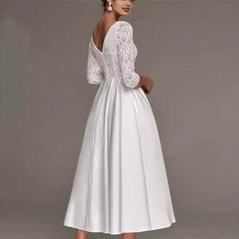Bridal Deep V-neck Slim Lace Mid-length Long Sleeve Wedding Dress - Velora