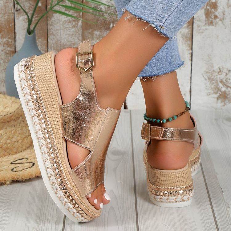 Summer Shiny Sandals Hollow Design Fish Mouth Sandal For Women Fashion Buckle Wedges Shoes - Velora