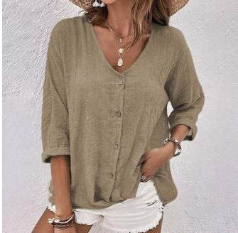 V-neck Long-sleeved T-shirt Fashion Solid Color Button Top Casual Loose Clothing For Women - Velora