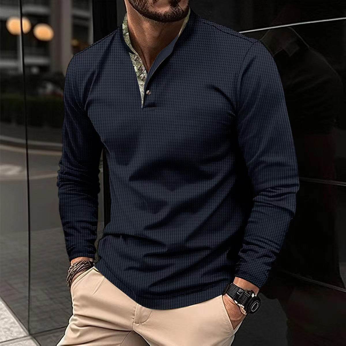 Men's Double Layer Lapel Polo Shirt Fashion Waffle Long-sleeved Tops Clothing - Velora