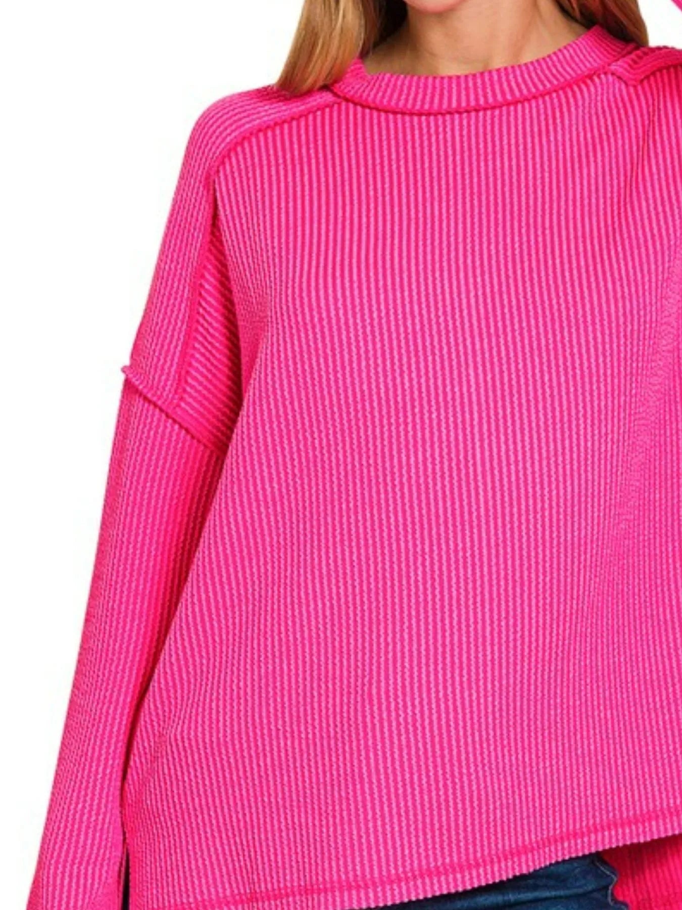 Zenana Exposed Seam Long Sleeve Corded Rib Knit Top - Velora