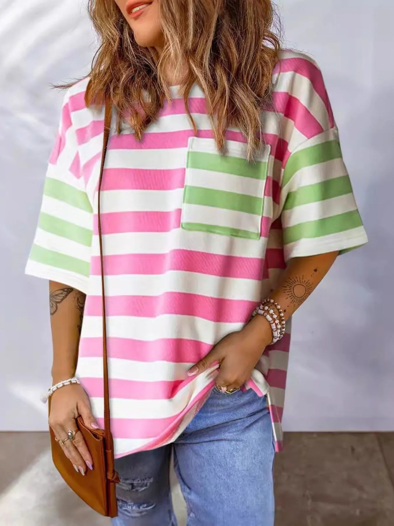 Striped Oversized Short Sleeve T-Shirt - Velora