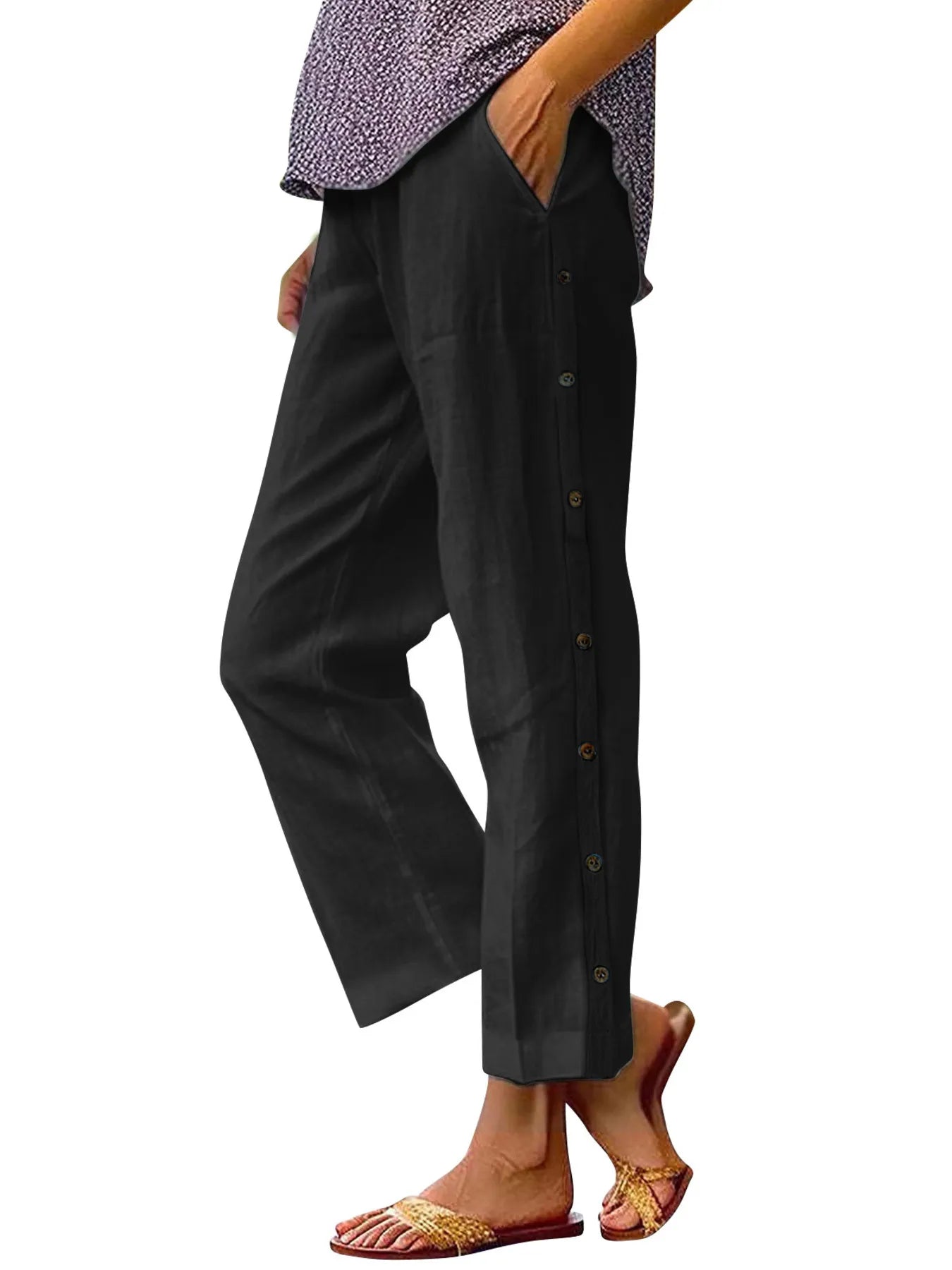 Full Size Side Decor Button Casual Wide Leg Pants Plus Size - Velora