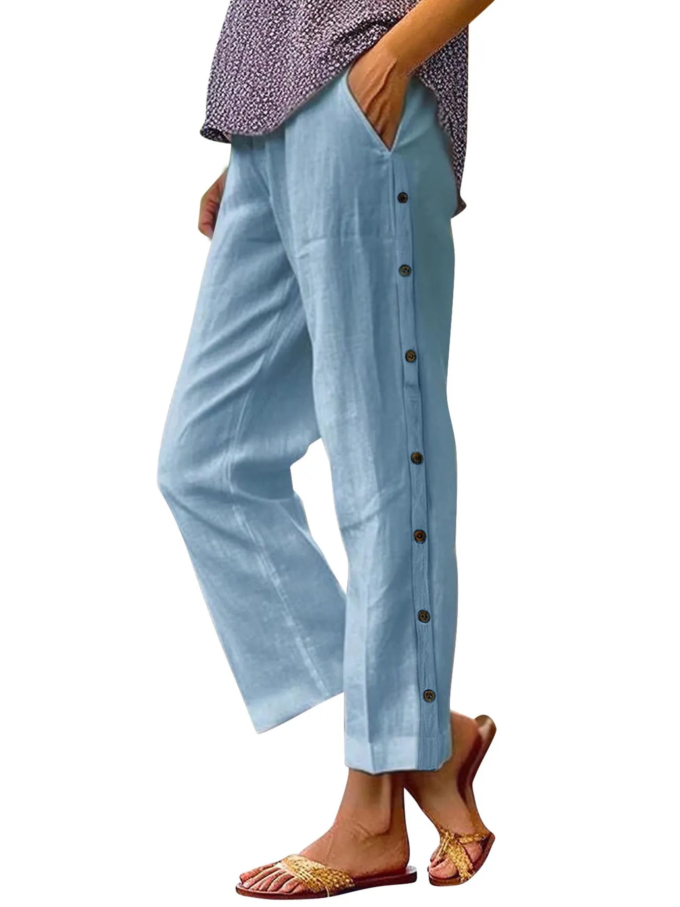 Full Size Side Decor Button Casual Wide Leg Pants Plus Size - Velora