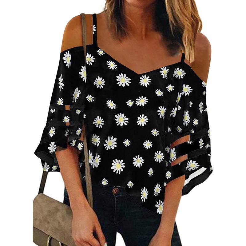 Flared Sleeve V-neck Printed Off Shoulder Sling - Velora
