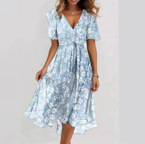 Chiffon Printed Short Sleeve Dress Summer Elegant V-neck Dresses Womens Clothing - Velora