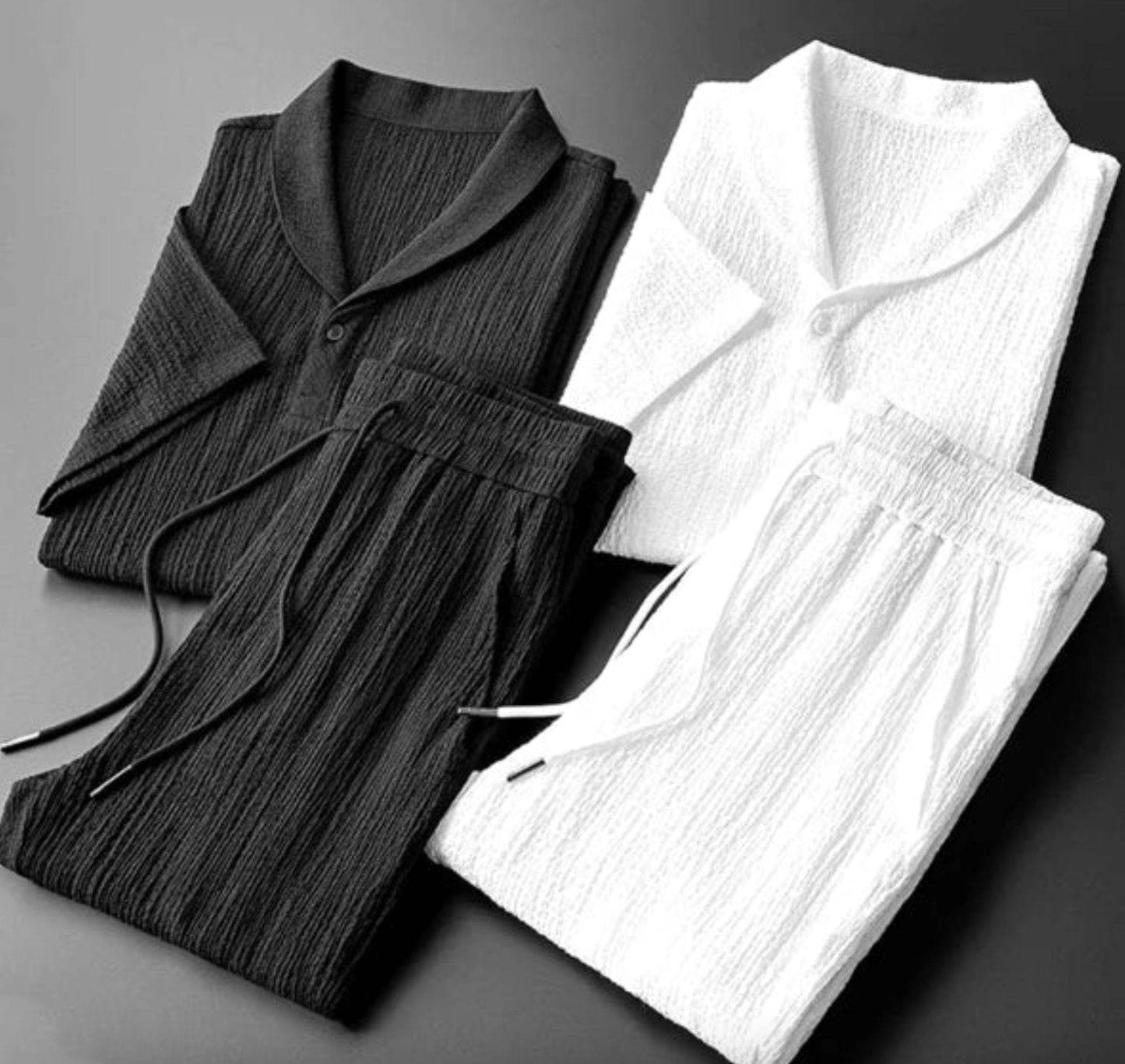 Leisure Suit Summer Loose Short Sleeve Top And Drawstring Trousers Fashion Mens Clothing - Velora