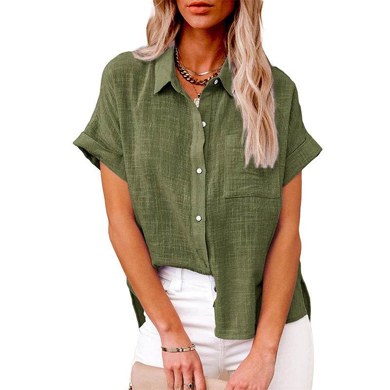 Summer Lapel Short Sleeve Shirt With Pockets Fashion Casual Solid Color Button Tops Women's Clothing - Velora