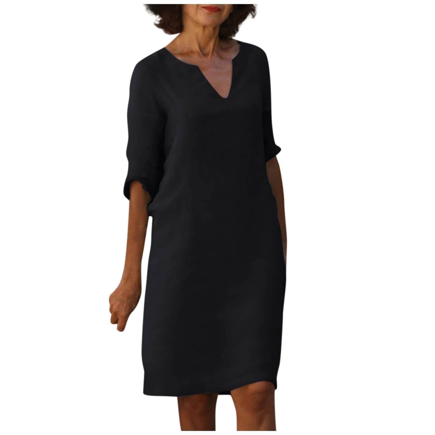 Cotton And Linen V-neck Dress Summer Stitching Retro High Waist Pure Color Dresses - Velora