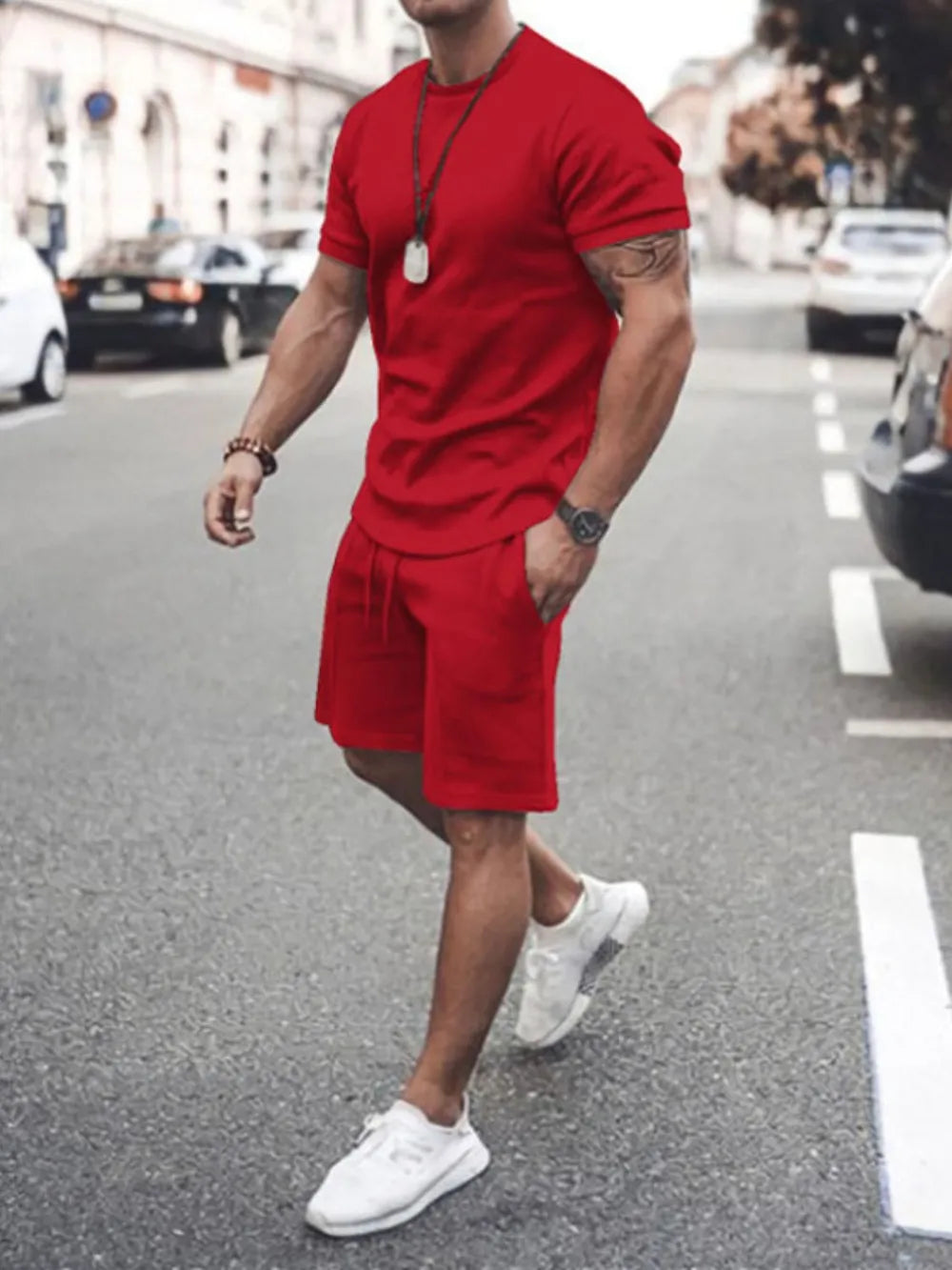 Men's Plus Size Round Neck Short Sleeve Top and Shorts Set - Velora