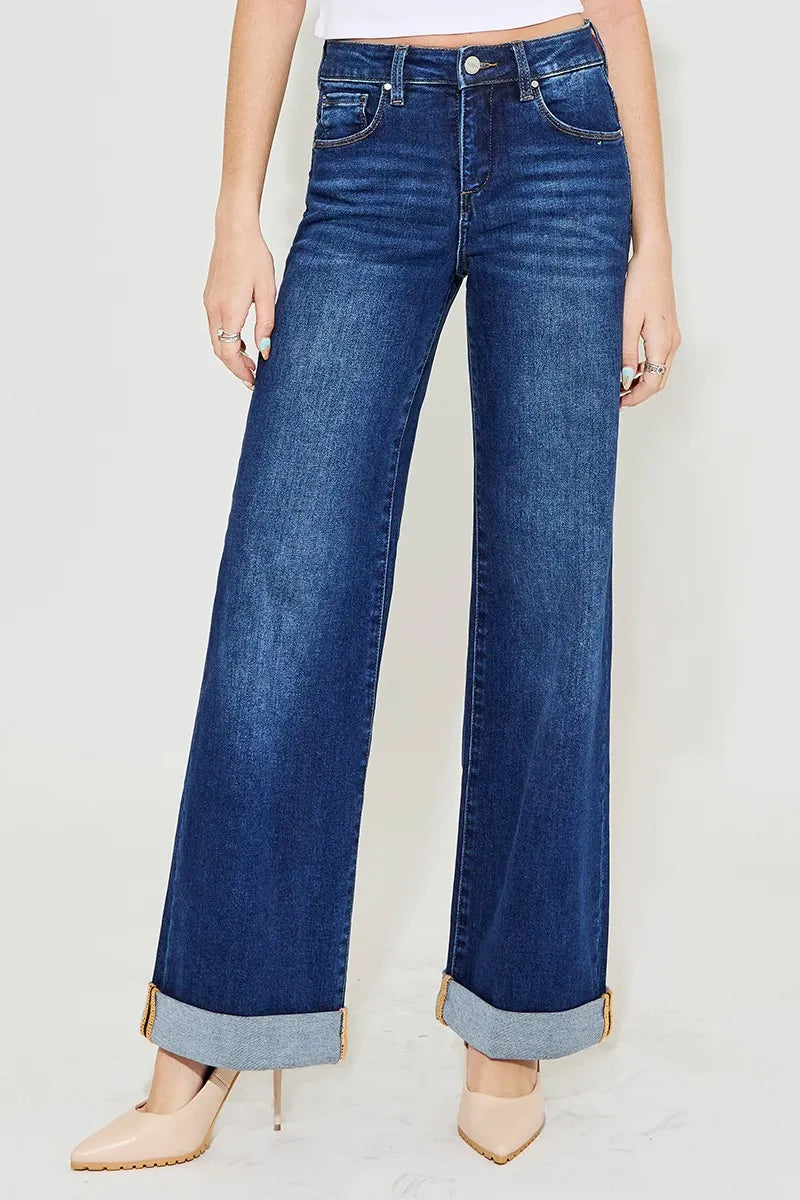 RISEN Full Size Tummy Control High Rise Wide Leg Cuffed Jeans Plus Size - Velora