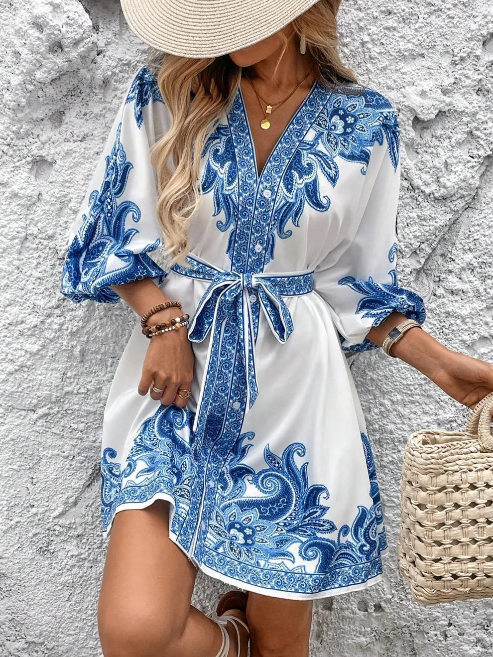 Paisley V-Neck 3/4 Sleeve Mini Dress - Velora