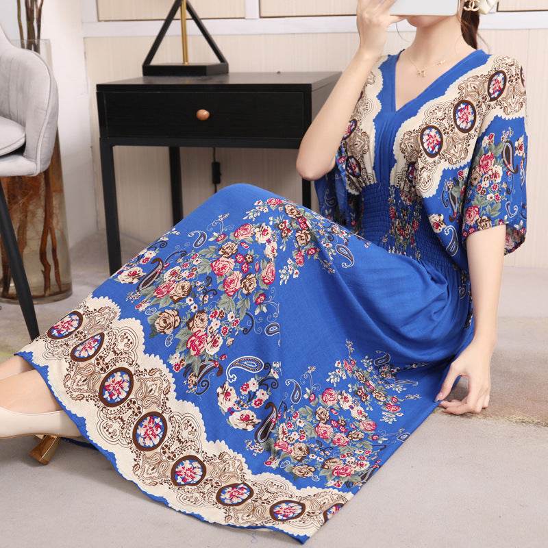 Cotton Silk Floral Dress Women's Summer Ethnic Style V-neck Short Sleeve Pastoral Style Skirt - Velora