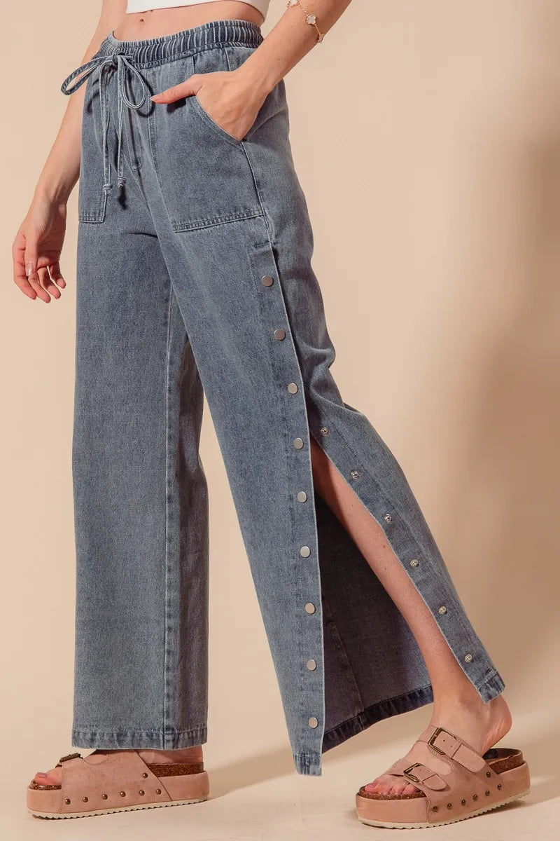 SO ME Mid Rise Drawstring Jeans with Side Snap Button - Velora
