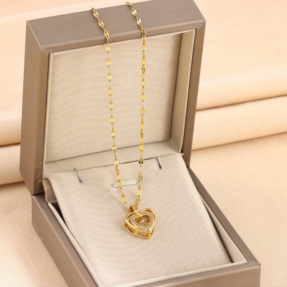 Double-layer Love Necklace With Rhinestones Titanium Steel Pendant Fashion Jewelry Woman Valentines Day Gift - Velora