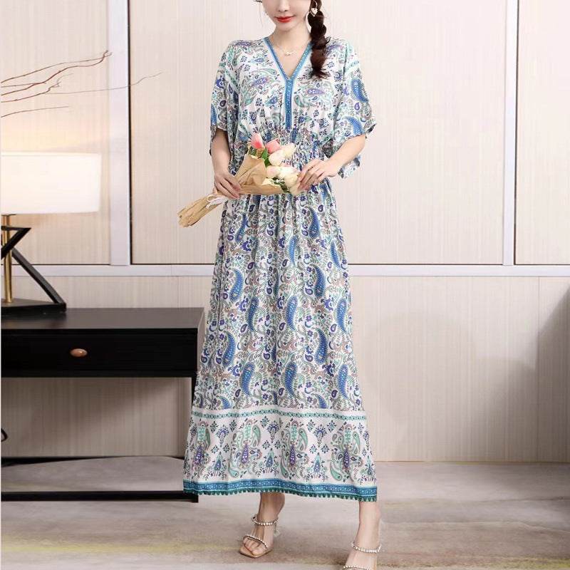Cotton Silk Floral Dress Women's Summer Ethnic Style V-neck Short Sleeve Pastoral Style Skirt - Velora