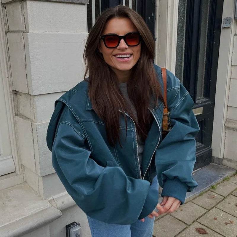 Loose Fashion Lapel Zip-up Jacket Cool Long Sleeve Zipper Closure Moto Biker Leather Jacket Womens Clothing - Velora