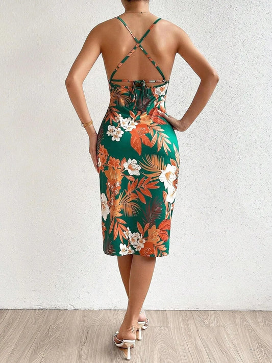 Crisscross Back Floral Print Bodycon Dress - Velora