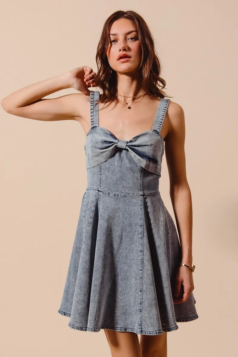 SO ME Mineral Washed Bow Ribbon Denim Flare Dress - Velora