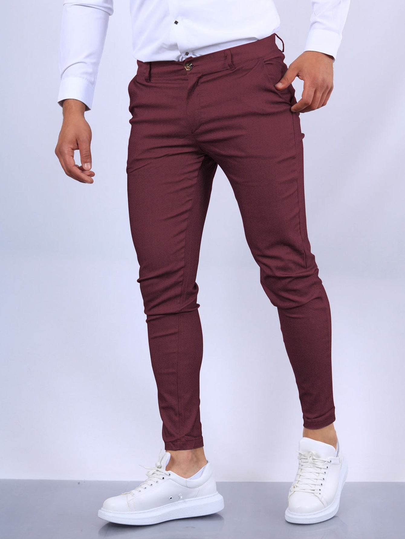 Men's Slim Button Trousers Fashion Solid Office Versatile Long Pencil Pants - Velora