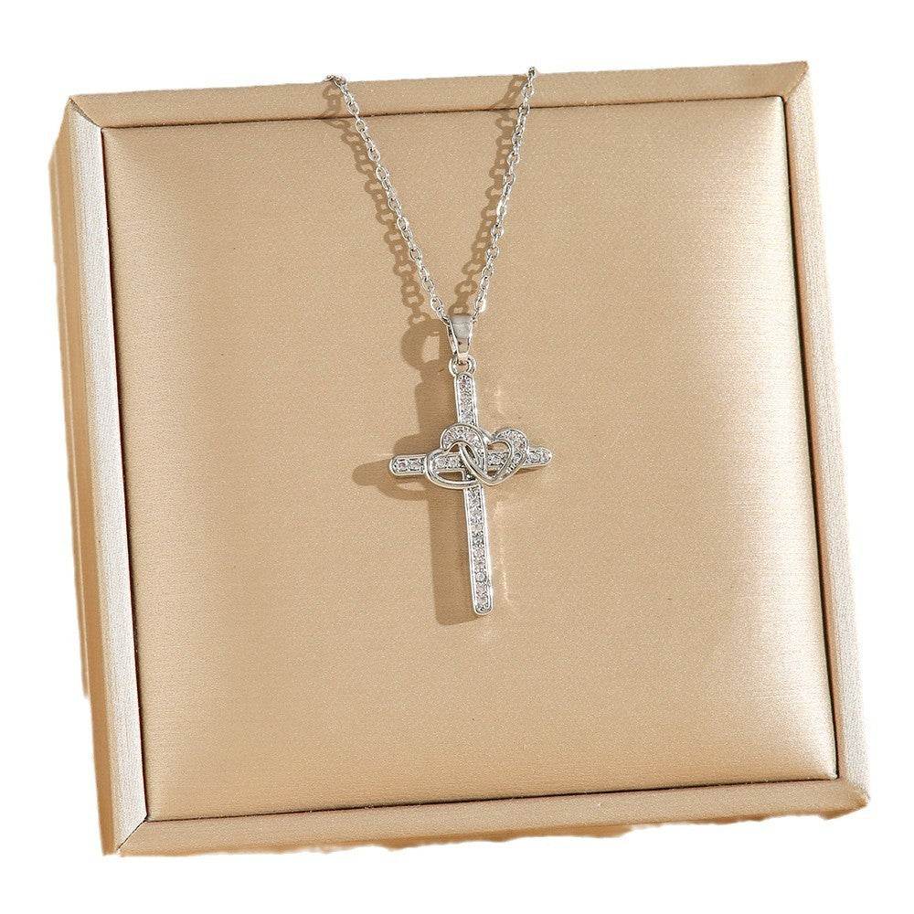 Cross Double Ring Love Heart Necklace Surrounded Zircon Pendant Necklace For Women Bohemian Jesus Pendant Gold Color Valentines Day Gift - Velora