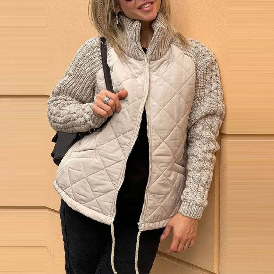 Stand Collar Cotton Jacket With Pockets Fashion Knitted Stitching Zipper Coat Winter Warm Tops For Women - Velora
