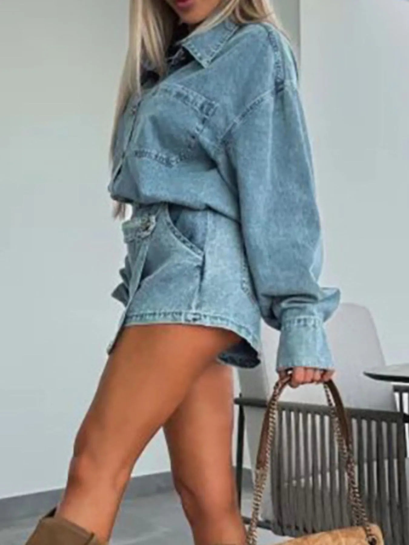 Button-Front Shirt and Mini Skirt Oversized Denim Set - Velora